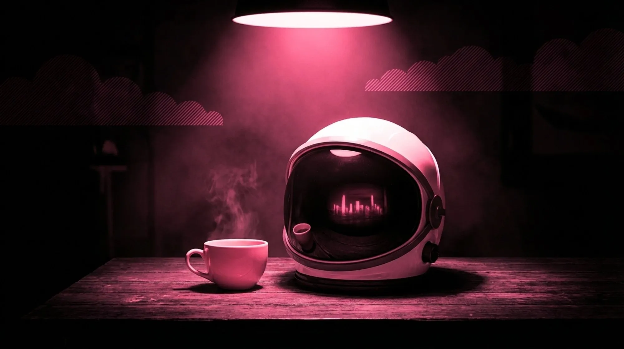 An astronaut helmet and a cup of coffee on a wooden table under a lamp, in Cloud2 brand colours